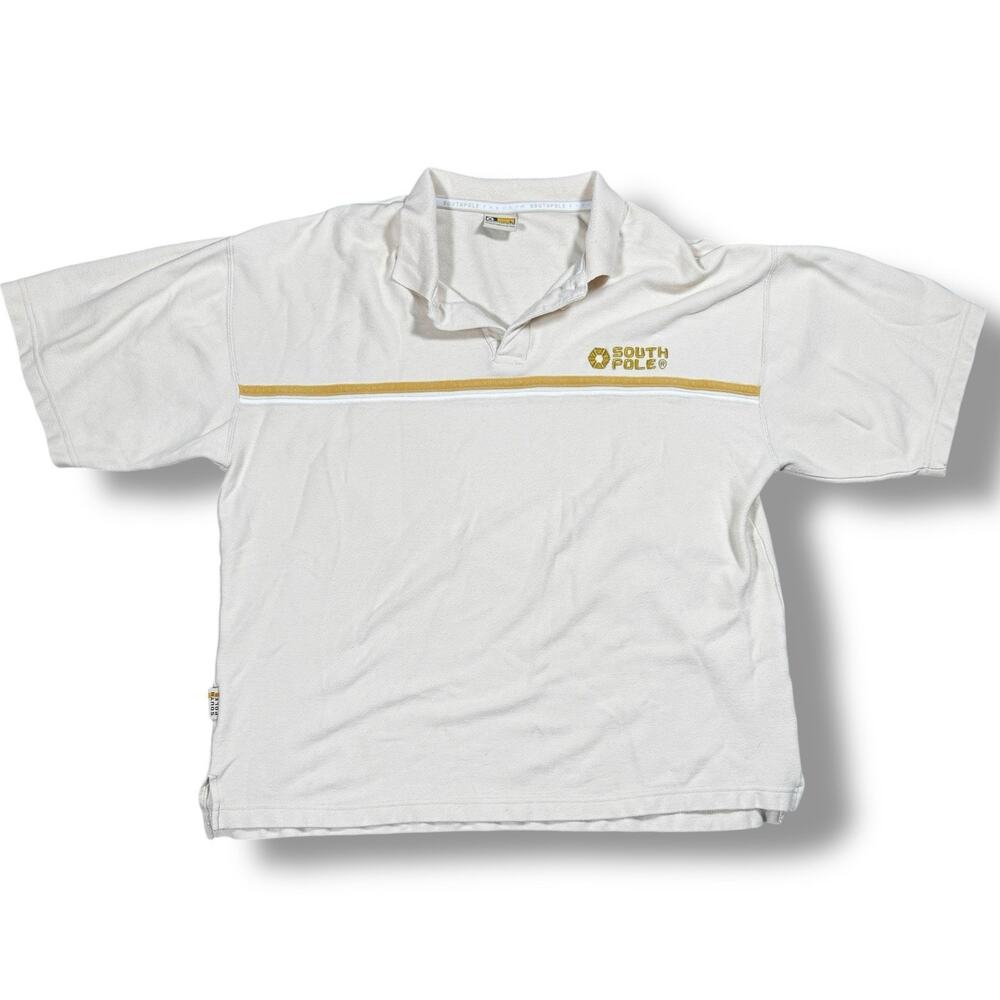 Vintage Southpole Polo Shirt Mens Size L Cream Yellow Stripe Logo Y2K Streetwear